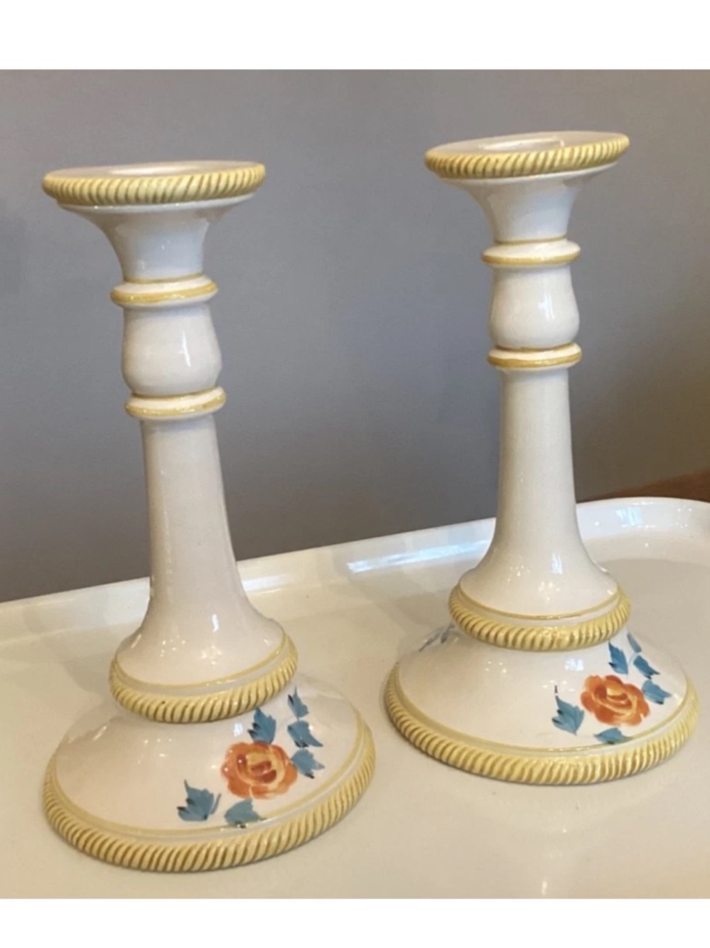 VTG Fenton White Candlestick Pair with Yellow Trim and Orange Floral Motifs